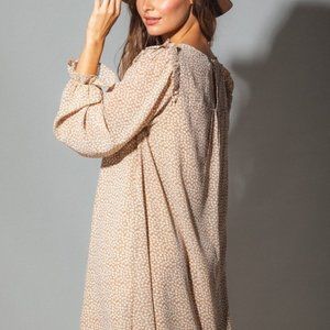 TAN PUFF RUFFLE SLEEVE PRINTED MINI DRESS